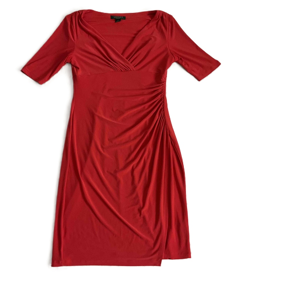 Lauren Ralph Lauren Orangish Red Short Sleeve V-Neck Ruched‎ Knit Dress 6